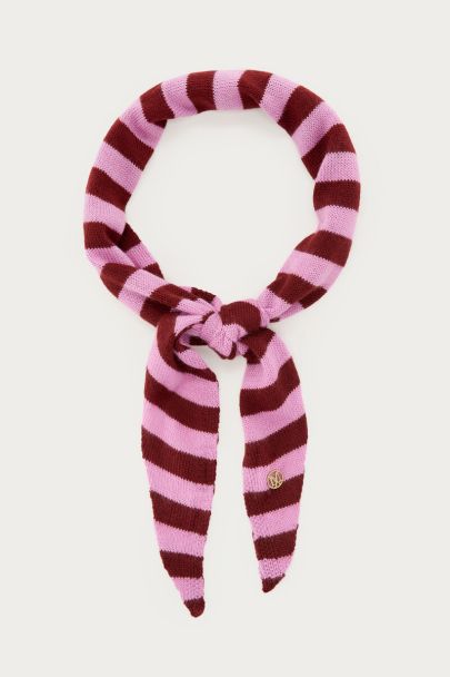 Pink-red knitted triangle scarf with stripes