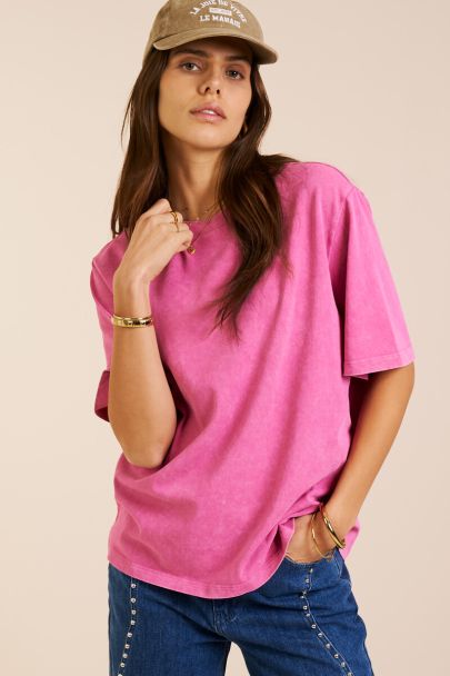 Roze basic T-shirt met acid wash