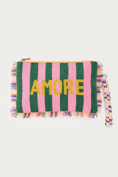 Pochette en perles fantaisie roses à rayures vertes "Amore"