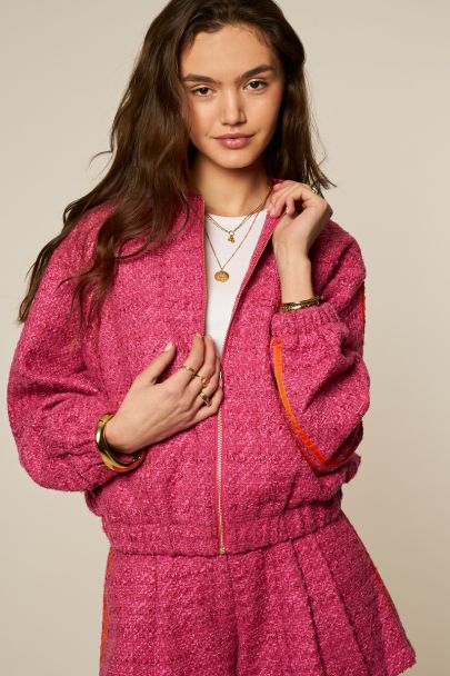 Pink bouclé bomber with side stripes