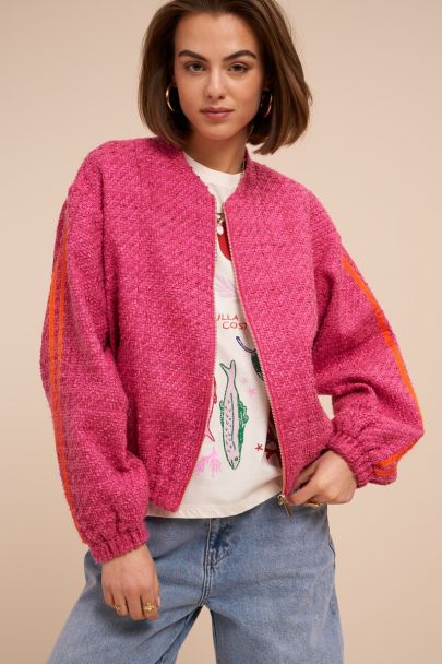 Pink bouclé bomber with side stripes