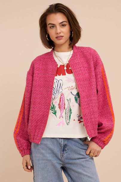 Pink bouclé bomber with side stripes