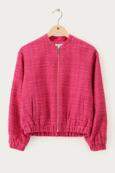 Roze bouclé bomber met tapes