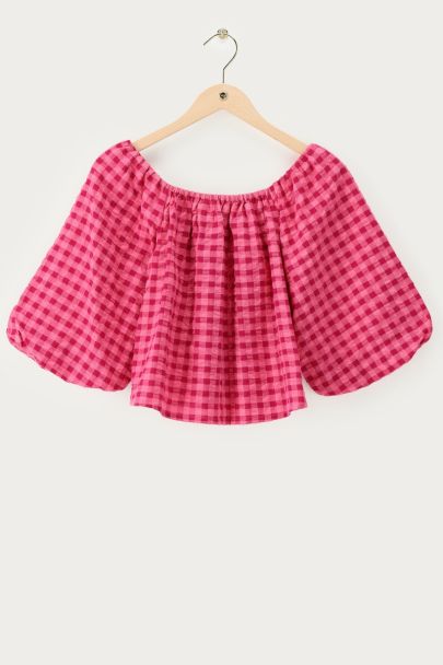 Roze geruite off-shoulder top