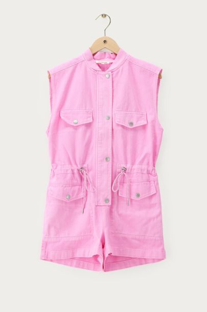 Rosafarbener Denim-Playsuit mit Kordelzug