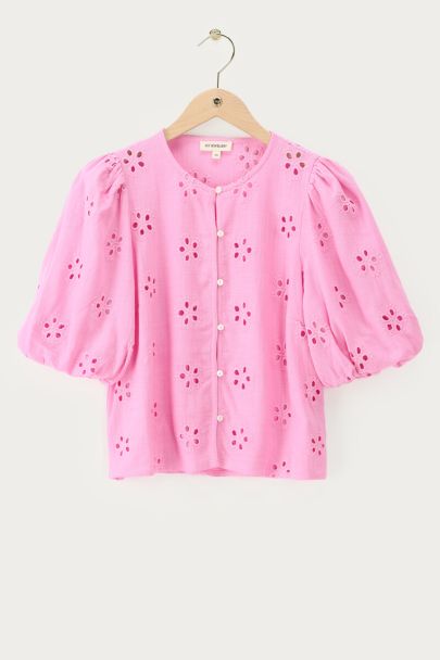 Pink embroidery anglaise top with short puff sleeves
