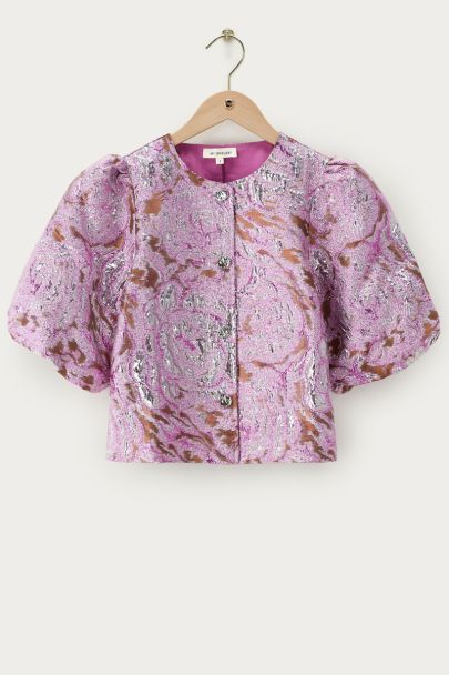 Pinkes Jacquard-Oberteil mit kurzen Puffärmeln
