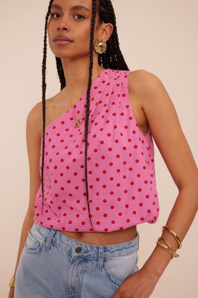 Roze one-shoulder top met polkadot