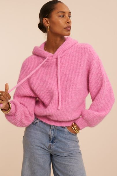 Pink oversized knitted sweater with hood