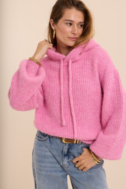 Pink oversized knitted sweater with hood