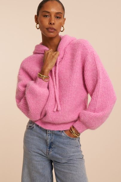 Pink oversized knitted sweater with hood