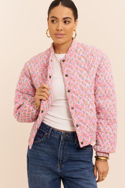 Pink quilted bomber jacket with print