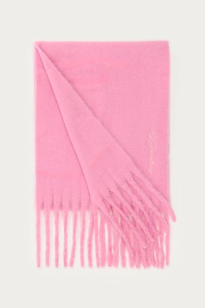 Roze sjaal met franjes en My Jewellery logo