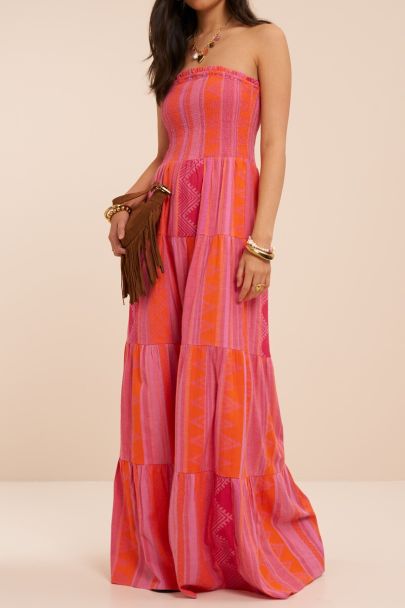 Roze strapless jacquard maxi jurk