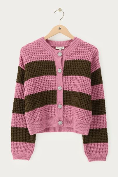 Pink gestreifter Cardigan mit Strassknöpfen