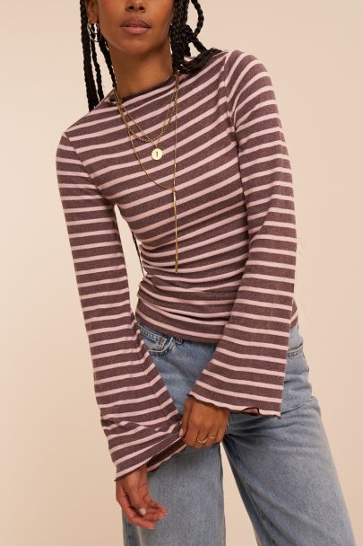 Roze gestreepte longsleeve met wijde mouwen en gathering