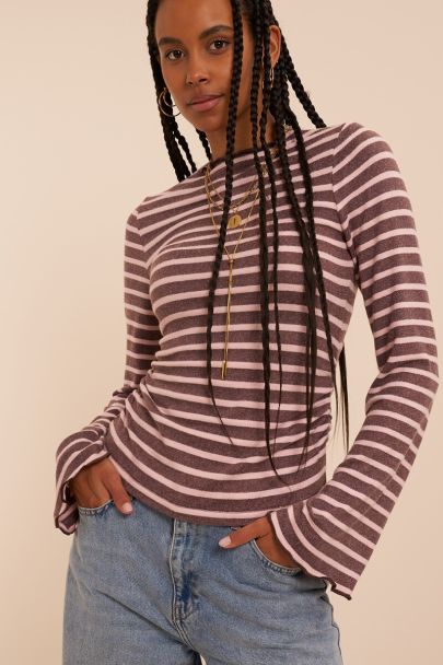 Roze gestreepte longsleeve met wijde mouwen en gathering