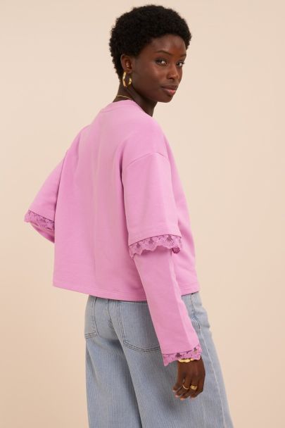 Sweat rose avec manches doubl&eacute;es et d&eacute;tails en dentelle