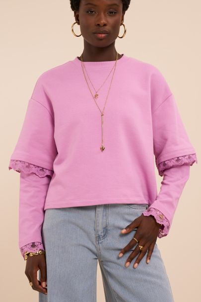 Sweat rose avec manches doubl&eacute;es et d&eacute;tails en dentelle