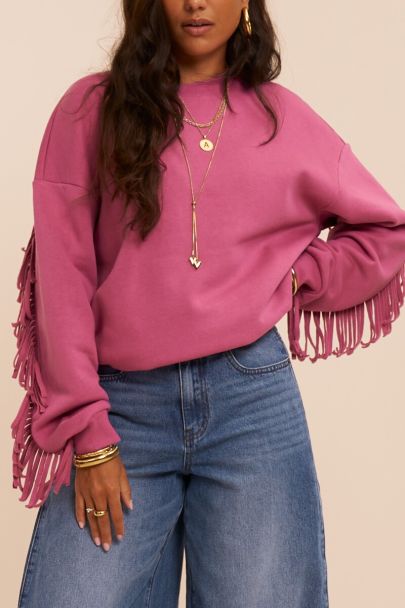 Sweat rose &agrave; franges avec &eacute;cusson