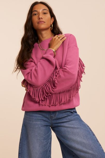 Sweat rose &agrave; franges avec &eacute;cusson