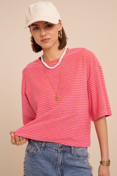 Pink terry T-shirt with stripes