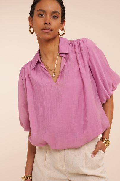 Pink top with short balloon sleeves