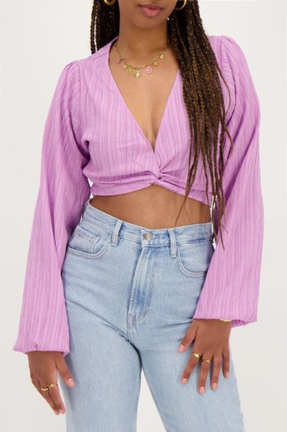 Lila Crinkle Crop-Top mit Knopfleiste