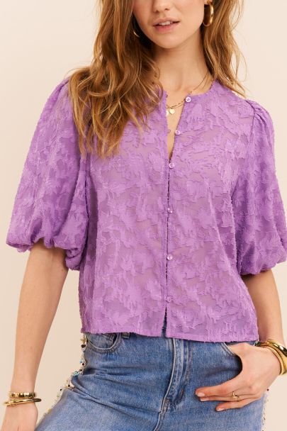 Lila jacquard top met korte pofmouwen