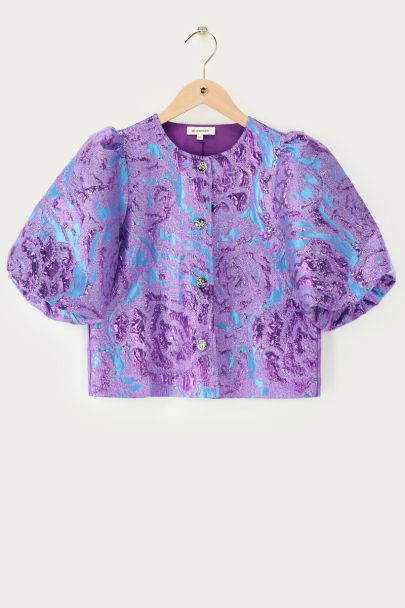 Lila Jacquard-Oberteil mit kurzen Puffärmeln