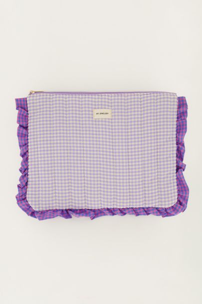 Lilafarbene Laptophülle mit Rüschen und Karomuster