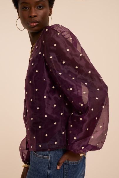 Blouse en mesh violet &agrave; pois beiges