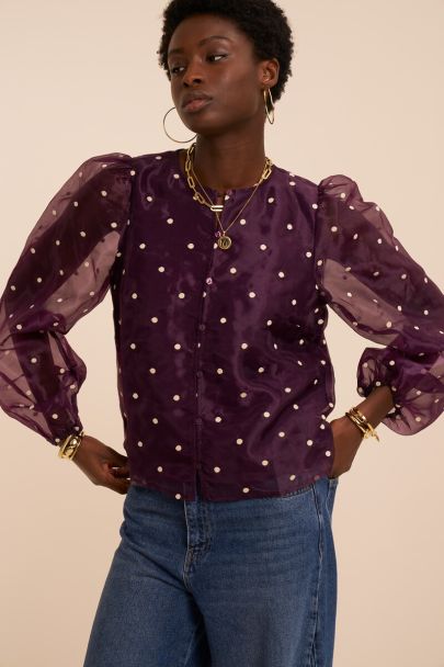 Blouse en mesh violet &agrave; pois beiges