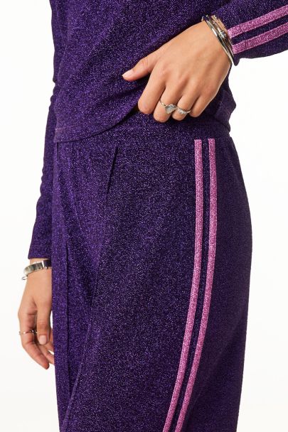 Paarse wide leg lurex broek met strepen