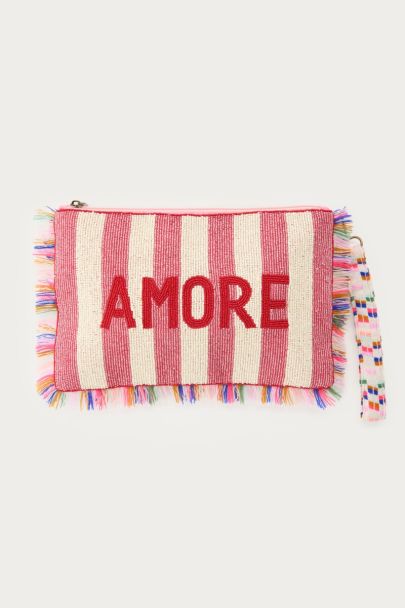 Pochette en perles fantaisie rouges à rayures blanches "Amore"
