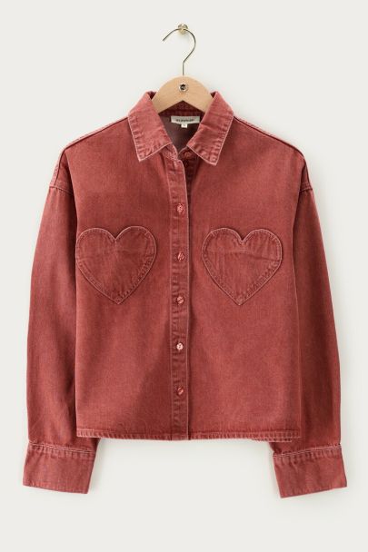 Red denim blouse with heart pockets