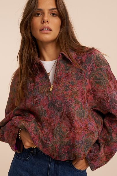 Rode jacquard bomber jacket met bloemenprint