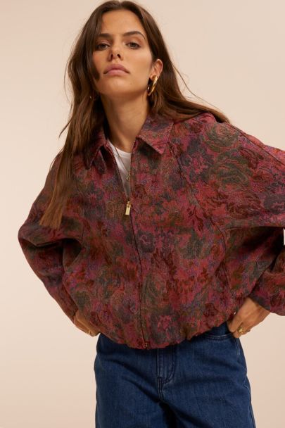 Rode jacquard bomber jacket met bloemenprint