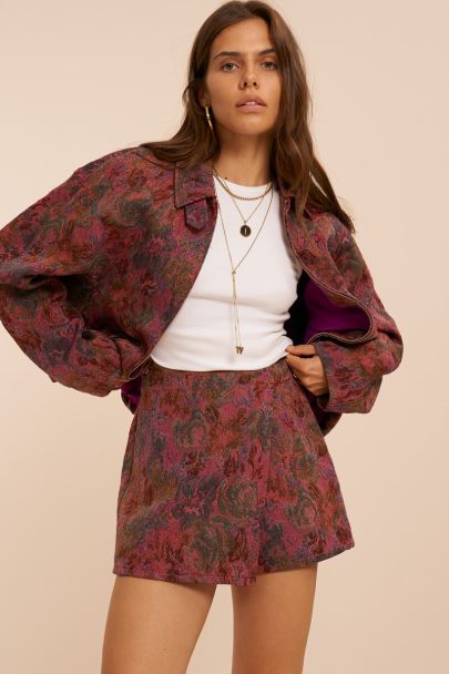 Roter Jacquard-Hosenrock mit Blumenmuster
