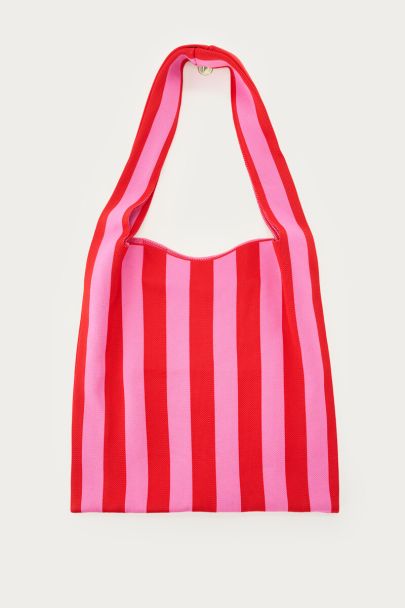 Red large tote bag with pink stripes