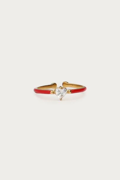 Rode minimalistische ring met hartjes strass