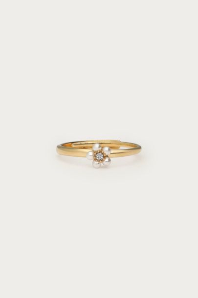 Ring met zoetwaterparel bloem en mini strass steen
