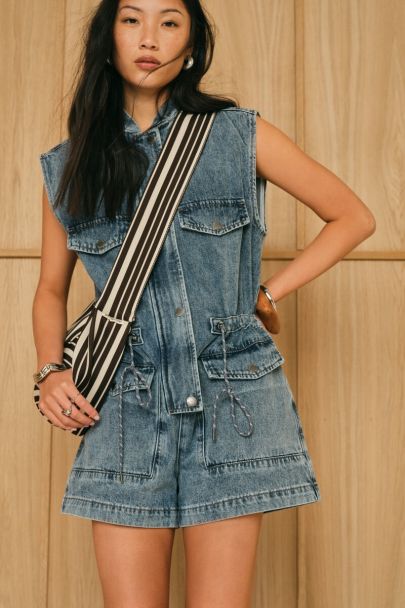Blauwe denim playsuit met trekkoord details