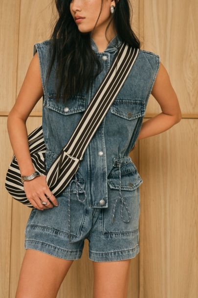Blauwe denim playsuit met trekkoord details