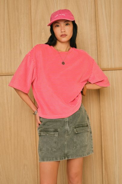 Roze badstof T-shirt met strepen