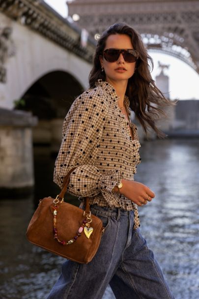 Top portefeuille beige &agrave; carreaux avec pois
