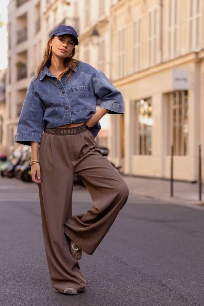 Blue denim blouse with short sleeves and scarf