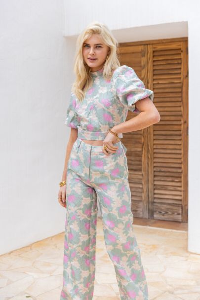 Groene jacquard wide leg pantalon