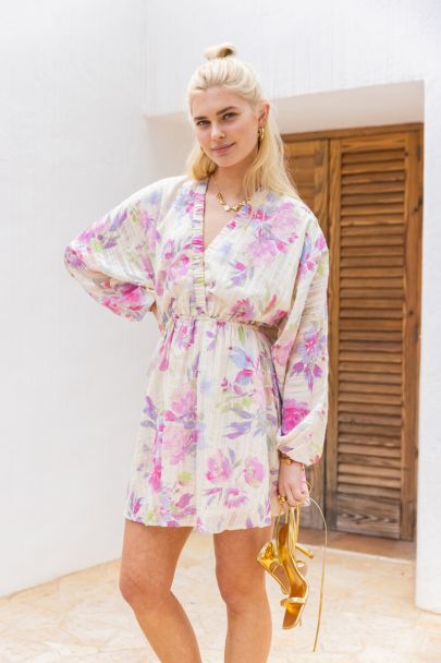 Beige bloemen jurk met wijde mouwen
