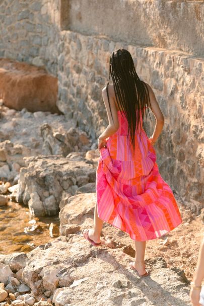 Roze strapless jacquard maxi jurk